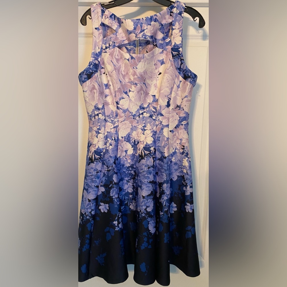 Gabby Skye Blue and Pink Floral Leaf Print Fit And Flare with Cutout Size 14